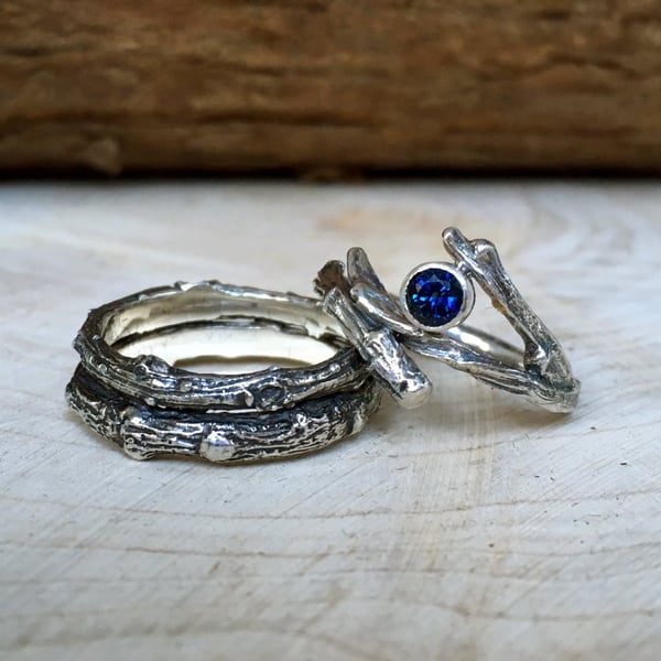 Handmade Sapphire Twig Wedding Ring Set