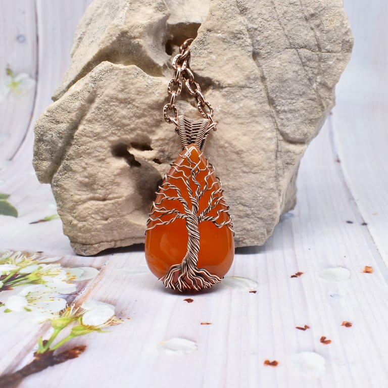 Carnelian and Copper Wire Wrapped Tree of Life Yggdrasil Pendant 