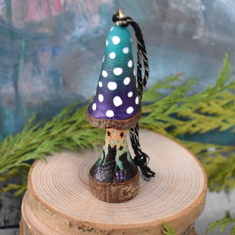 Cats under the moon. Pyrography hanging toadstool decoration.