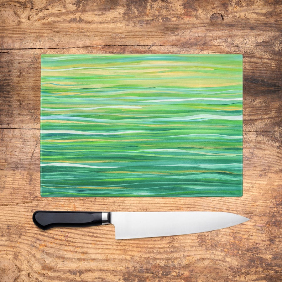 Green & Yellow Glass Chopping Board - Yellow and Green Striped Stripes Worktop S
