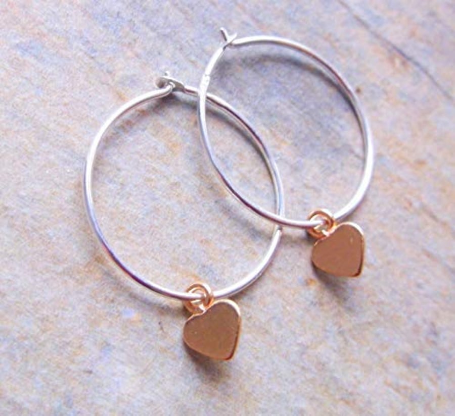 Silver Hoops with Rose Gold Mini Hearts