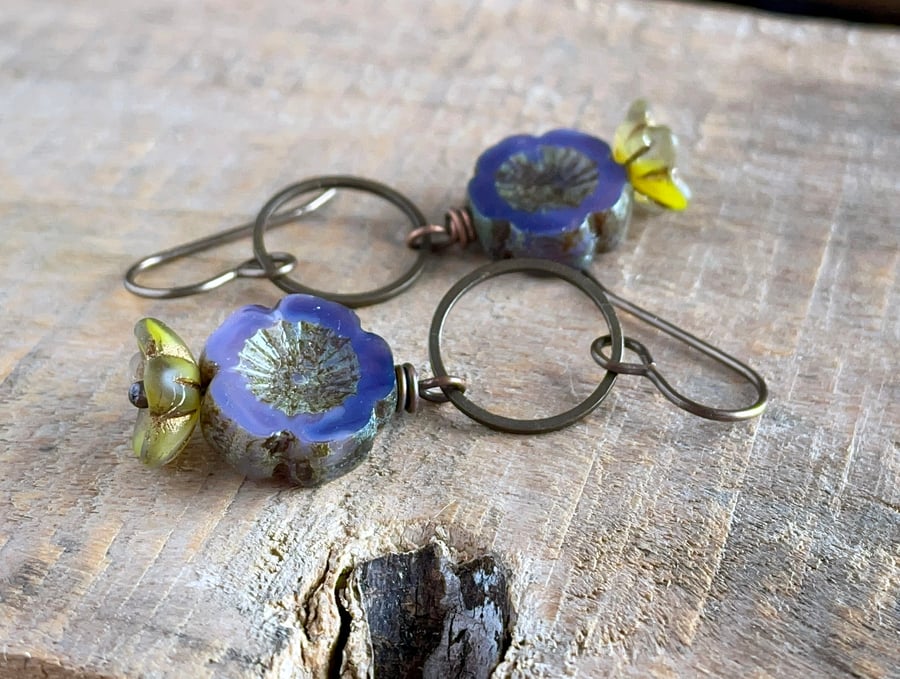 Purple & Green Glass Flower Earrings - Bohemian Floral Accessories 