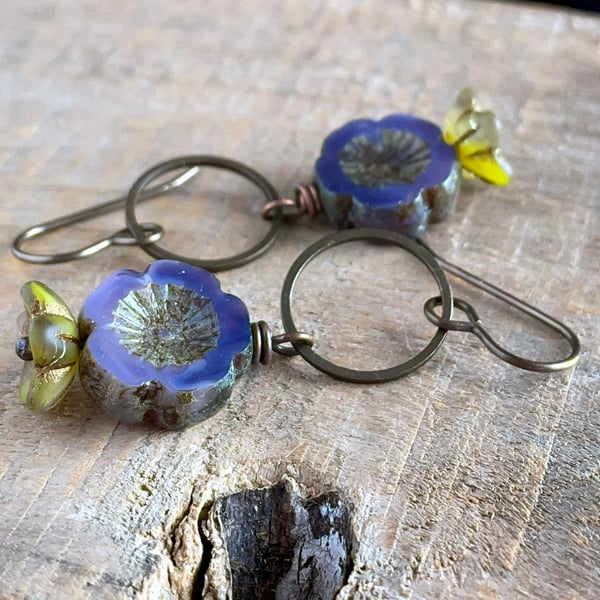 Purple & Green Glass Flower Earrings - Bohemian Floral Accessories 
