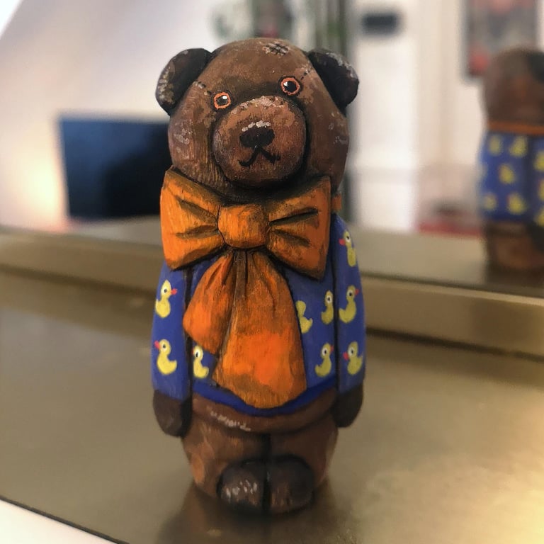 Hand carved, painted and finished wooden Emily teddy bear