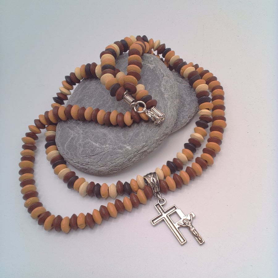 Men's  Necklace With Wooden Beads and Silver Double Cross, Gift for Him