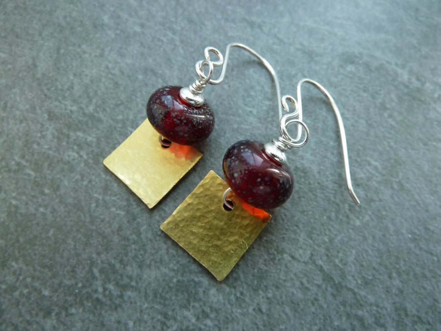 sterling silver earrings, red lampwork glass, brass charms