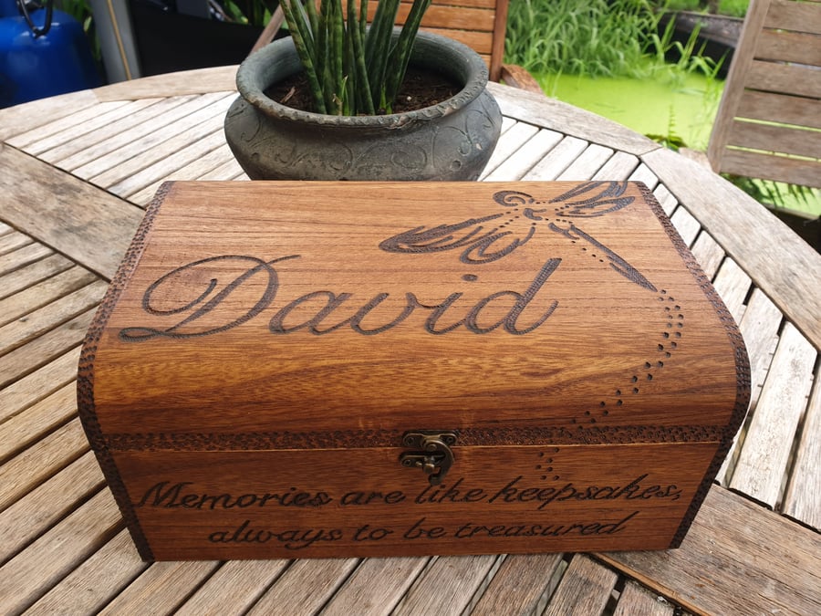 Custom name memory box, dragonfly design, pyrography art on wooden box