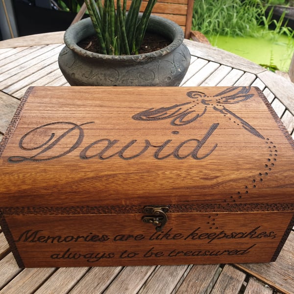 Custom name memory box, dragonfly design, pyrography art on wooden box