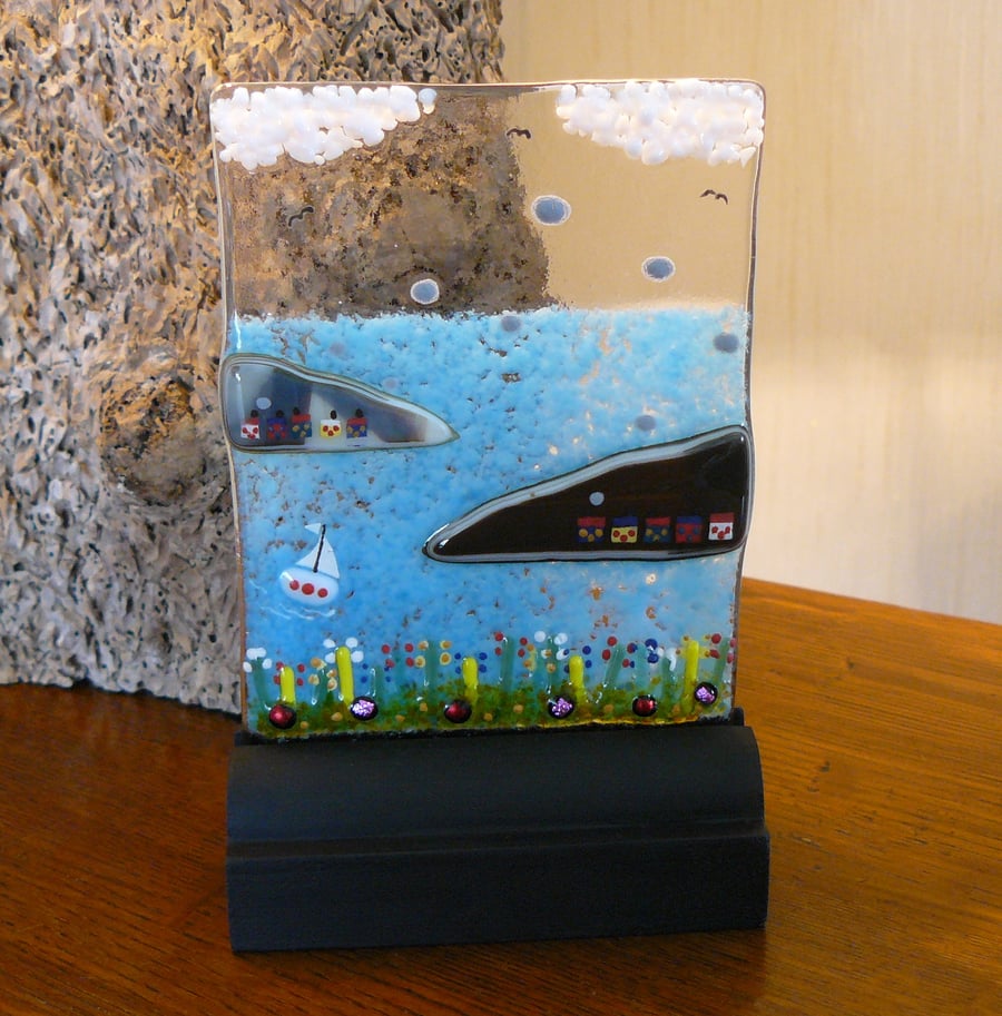 UNIQUE: Handmade Fused Glass 'HIGHLAND LOCH' Picture.
