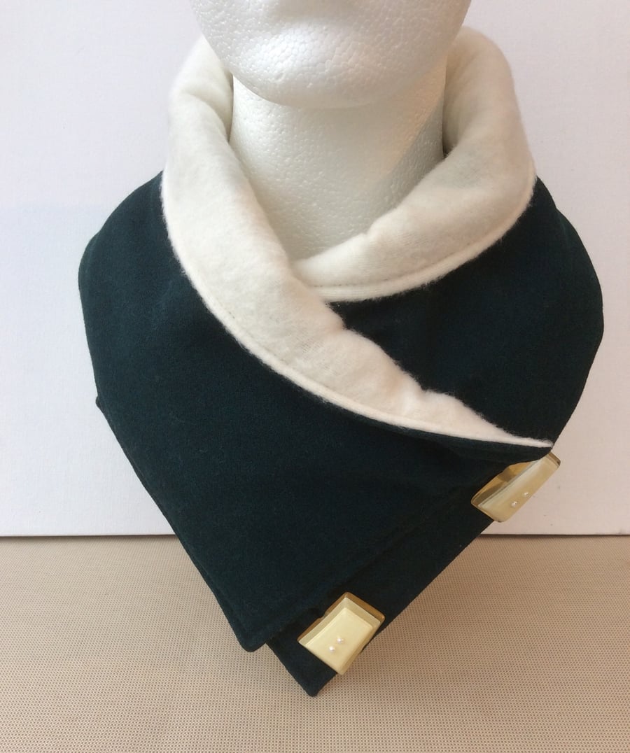 Neck warmer, snood, scarf, cowl, dark bottle green, vintage buttons 