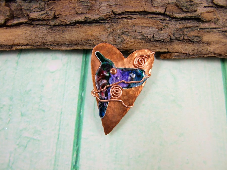 Hummingbird Brooch, Copper Heart and Bird Pin Brooch