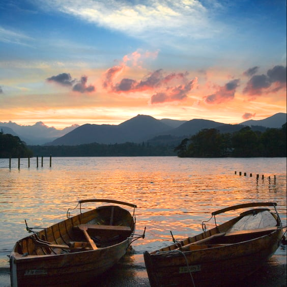 Derwent Water Lake District Cumbria sunset English lakes view Derwentwater boats