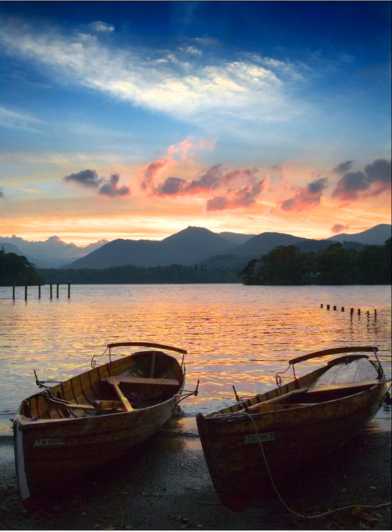 Derwent Water Lake District Cumbria sunset English lakes view Derwentwater boats