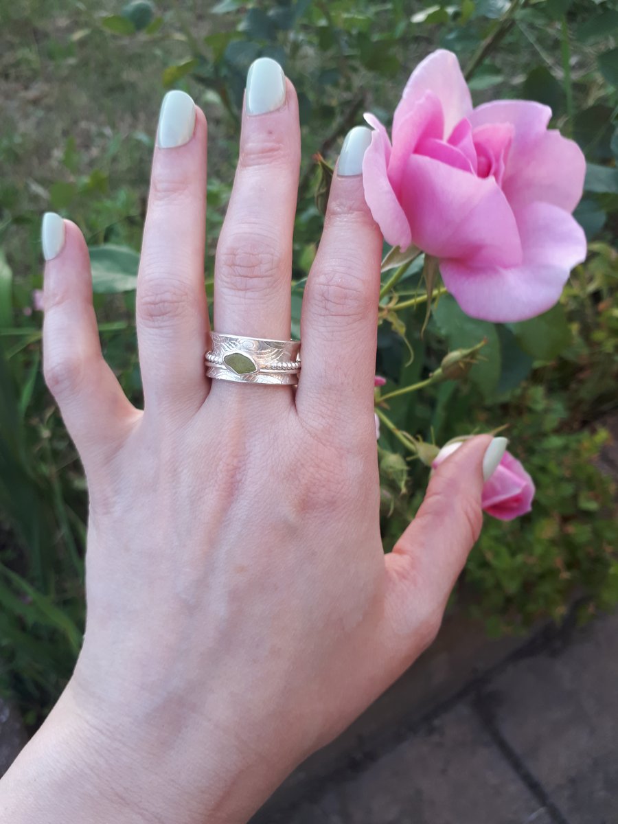 Olive yellow sea glass spinner ring SR1