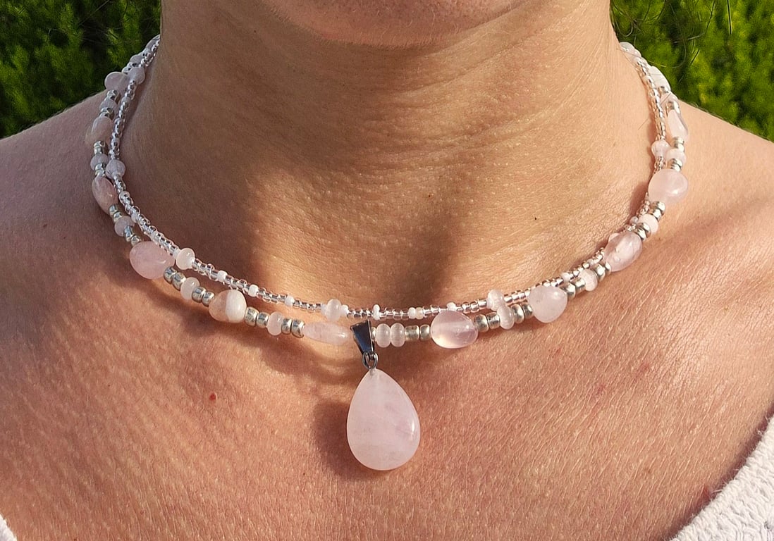 Rose Gemstone Quartz Choker Necklace Romantic Gift for Her