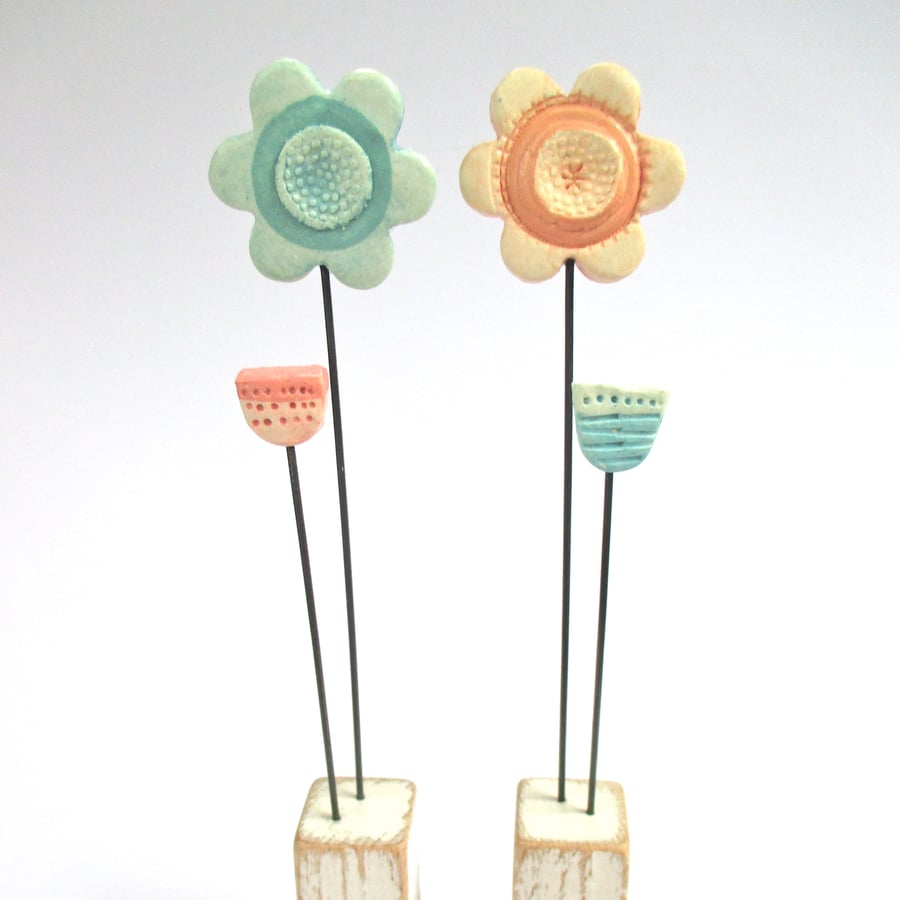 SALE - Clay Flowers on a Wooden Block