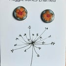 Round stud earrings - 9mm - Enamelled with sterling silver post -FLORAL