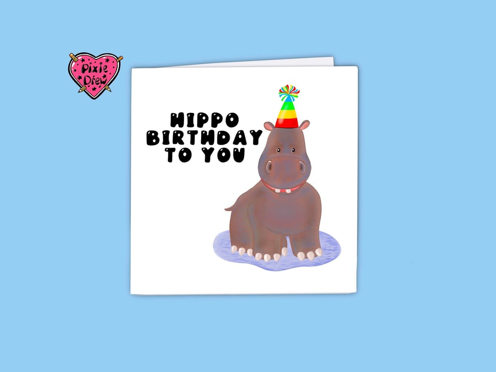 Hippopotamus birthday card with a hippo wearing a party hat