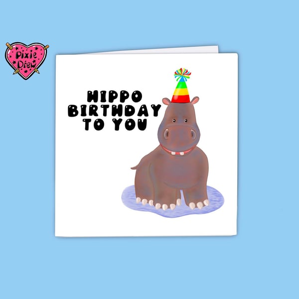 Hippopotamus birthday card with a hippo wearing a party hat