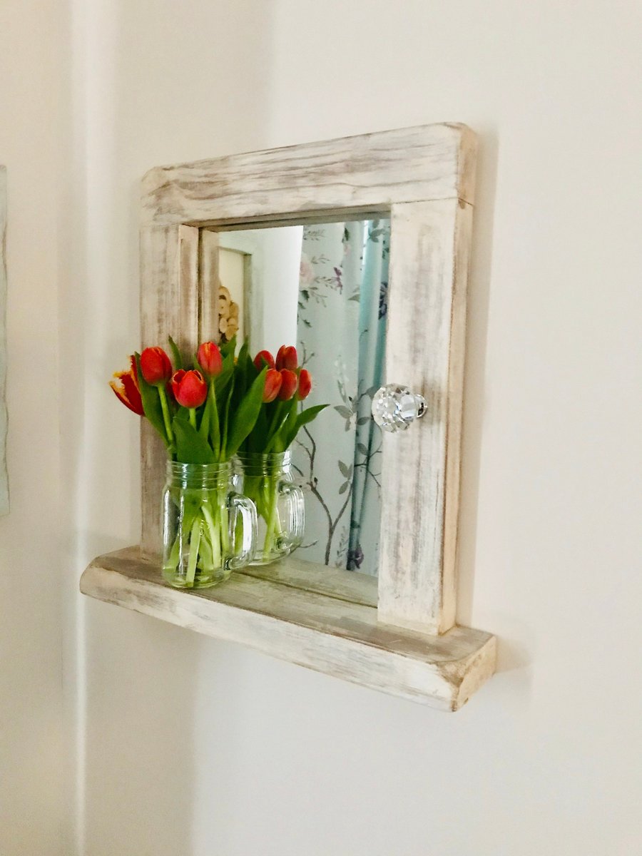 Mirror, Timber Frame, Crystal Cut Knob Feature, Distressed Timber Framed Mirror