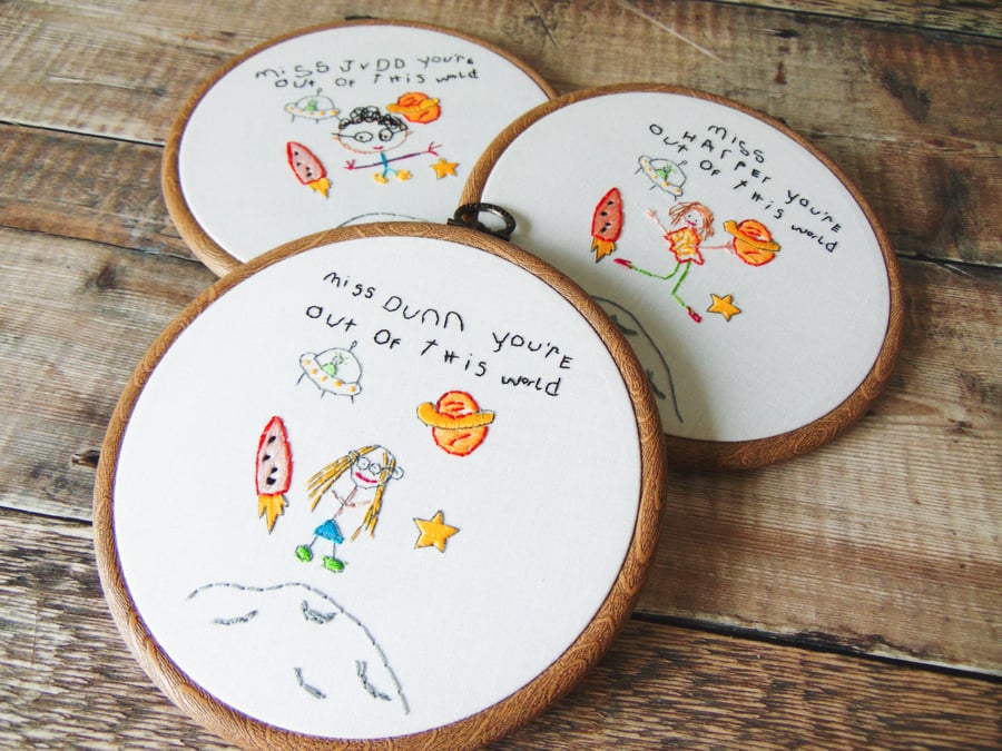 Teacher Leaving Gift, Childs Drawing For Teacher, Hand Stitched Hoop Art