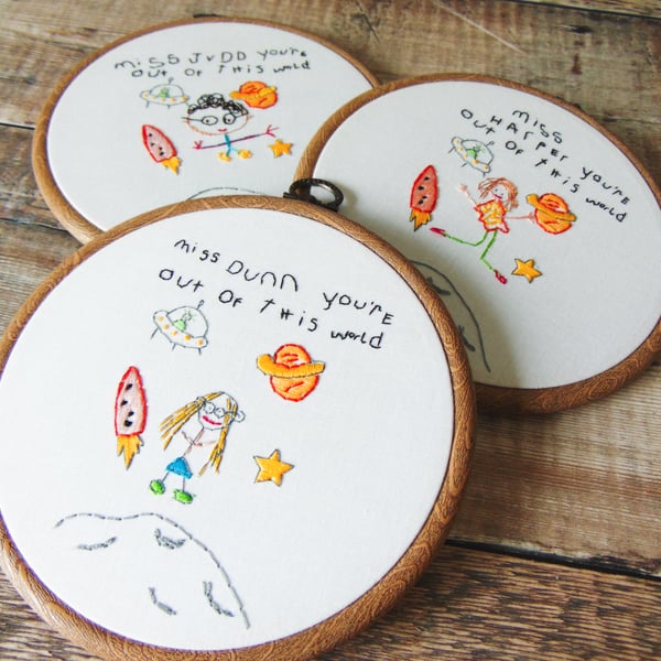 Teacher Leaving Gift, Childs Drawing For Teacher, Hand Stitched Hoop Art