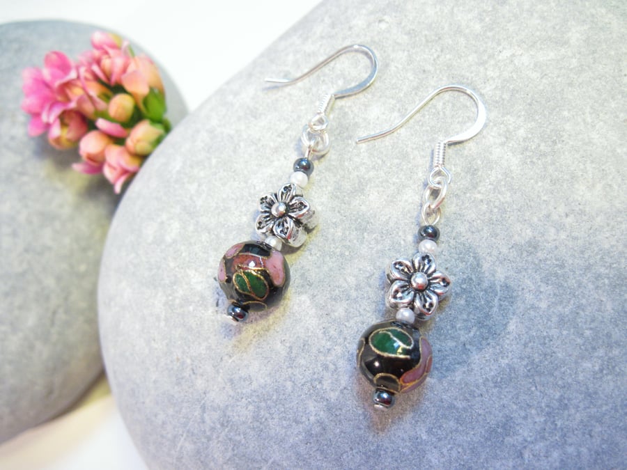 Cloisonne and Flower Earrings