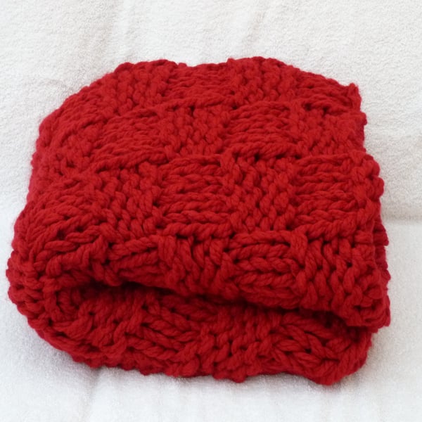 Red Extreme Knit Blanket in Basket Weave Stitch... - Folksy
