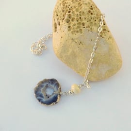 Lampwork glass bead and druzy agate slice pendant on silver plated chain