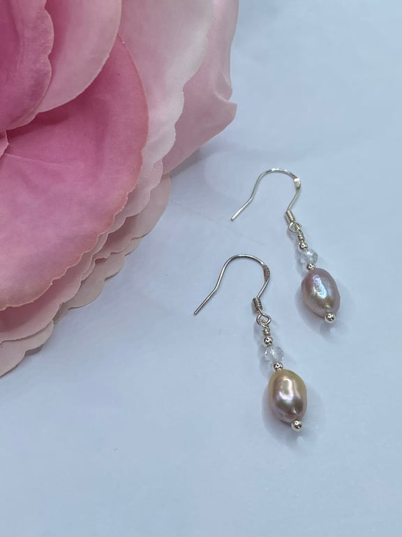 Lilac freshwater pearl drop earrings with white topaz