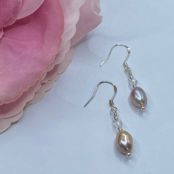 Lilac freshwater pearl drop earrings with white topaz