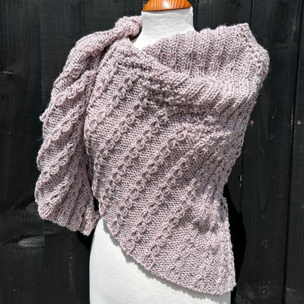 Haze taupe tweed soft wool cables textured shallow triangle shawl wrap 