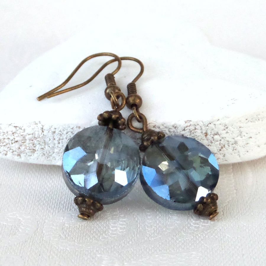 Delicate blue crystal coin earrings with bronze beadcaps