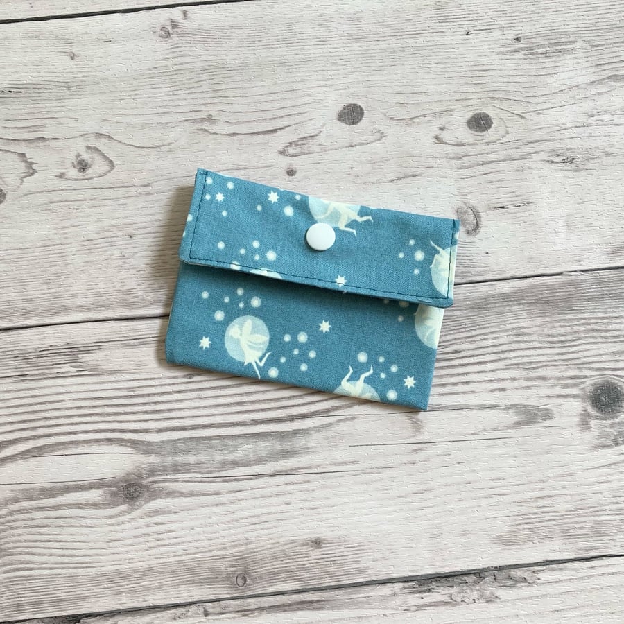 Fabric card holder pouch. Loyalty, credit, debit cards purse. Green fairies.