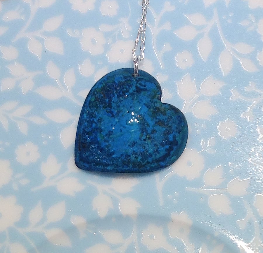 Turquoise Verdigris Patinated Copper Heart Pendant Necklace - UK Free Post