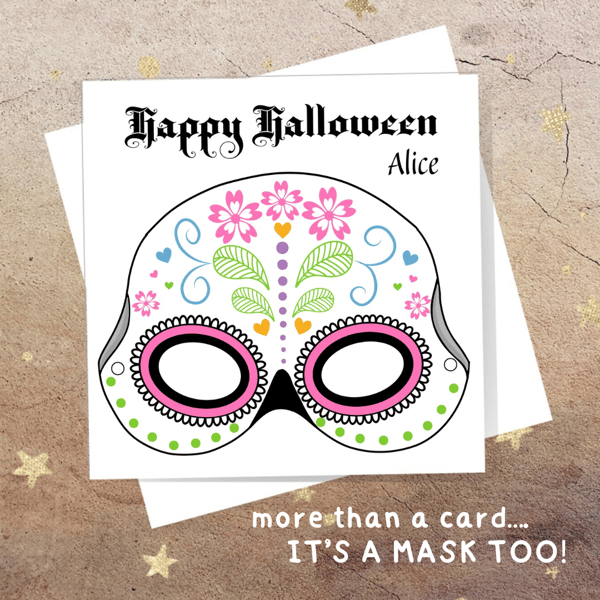 Halloween Skull Mask Card - personalised, blank inside