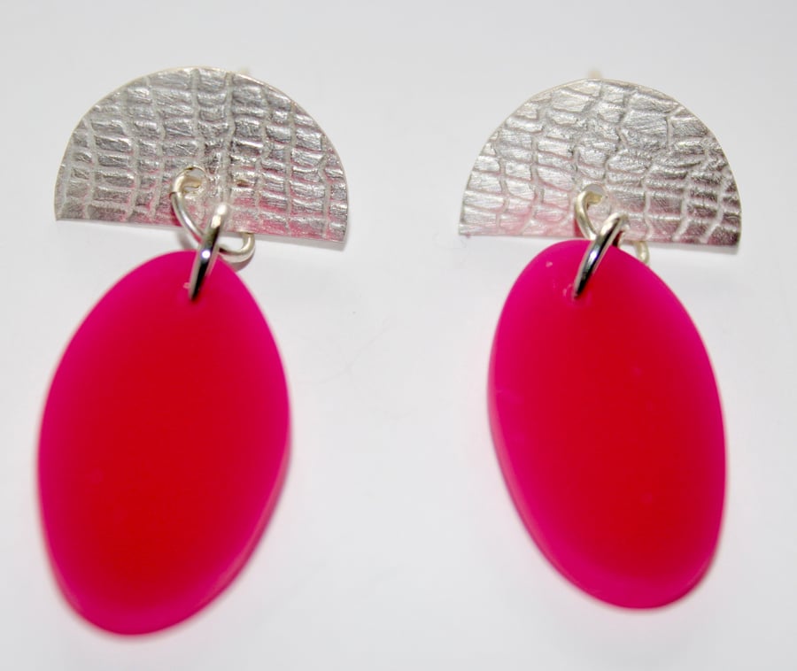 Fuchsia Acrylic and Silver Handmade Earrings