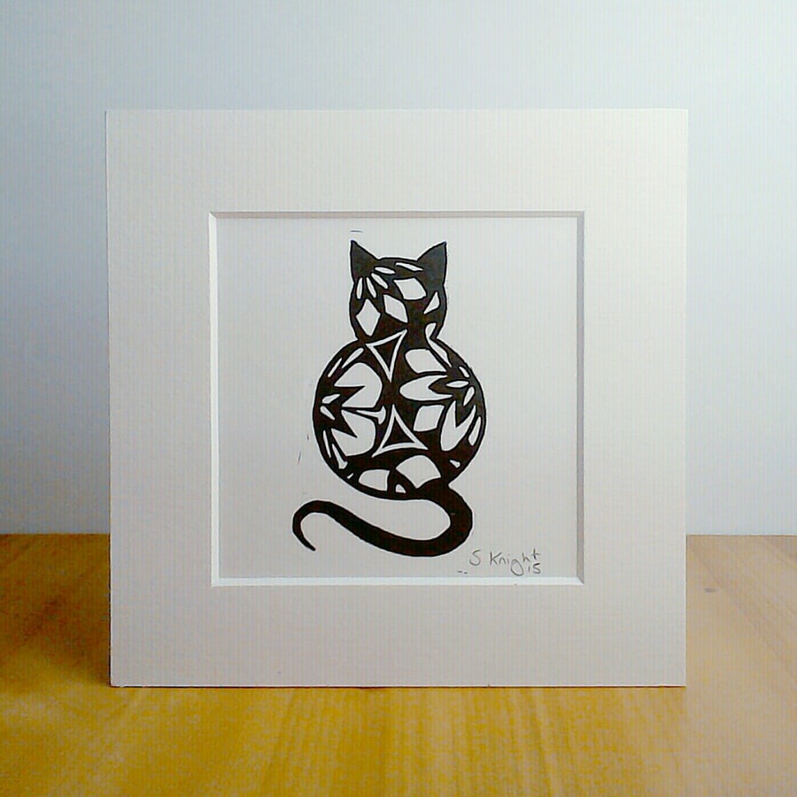 Greetings card original linocut black cat
