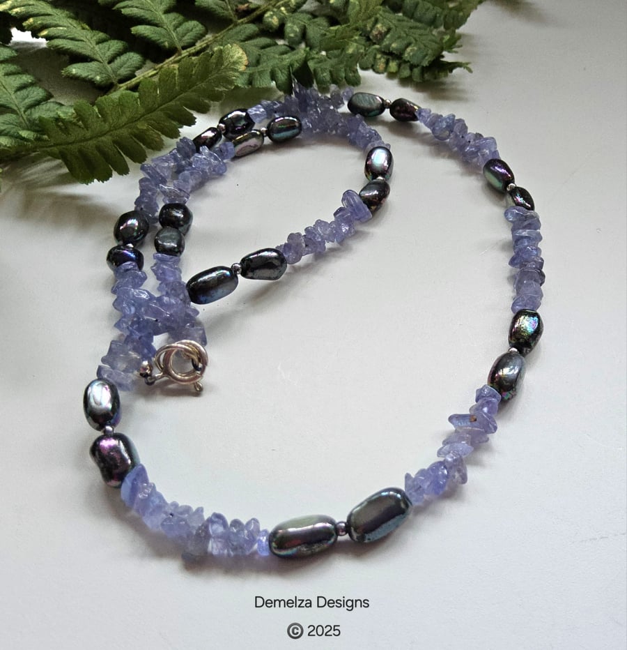 Designer A Grade Tanzanite Nugget & Culture Pearl Sterling Silver Necklace