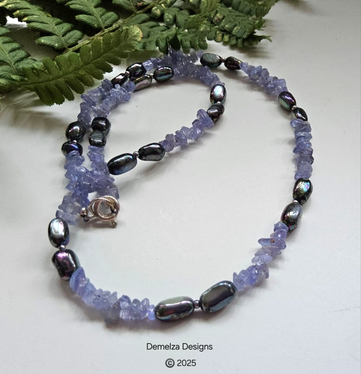 Designer A Grade Tanzanite Nugget & Culture Pearl Sterling Silver Necklace