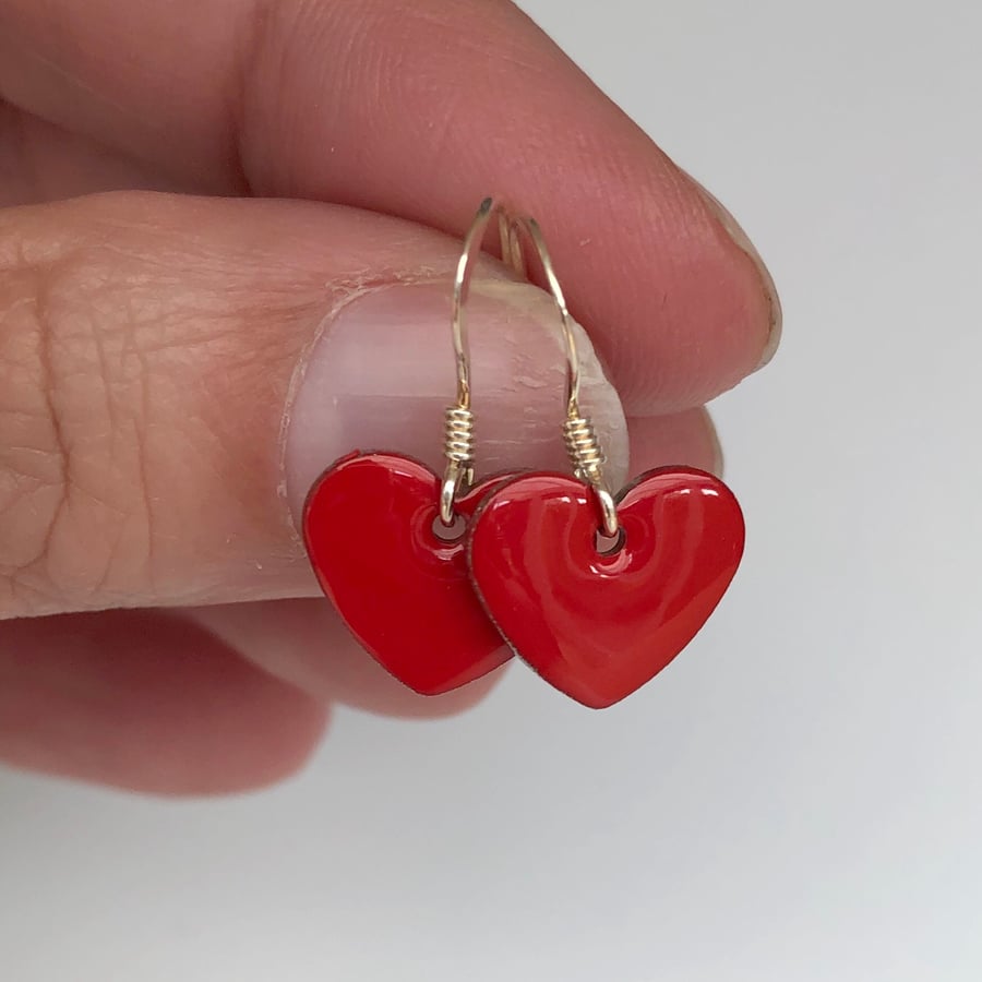  Bright red enamel heart charm, sterling silver earrings 