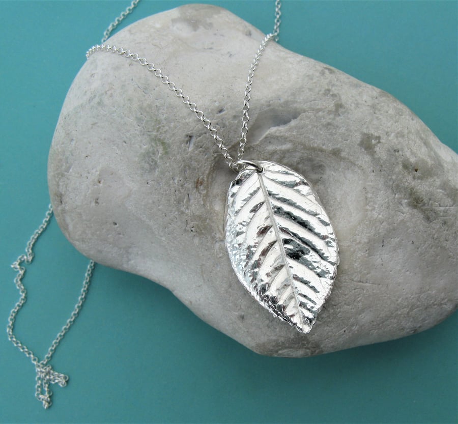 Hallmarked fine silver rose leaf necklace