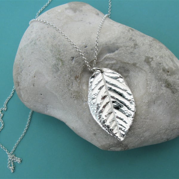 Hallmarked fine silver rose leaf necklace