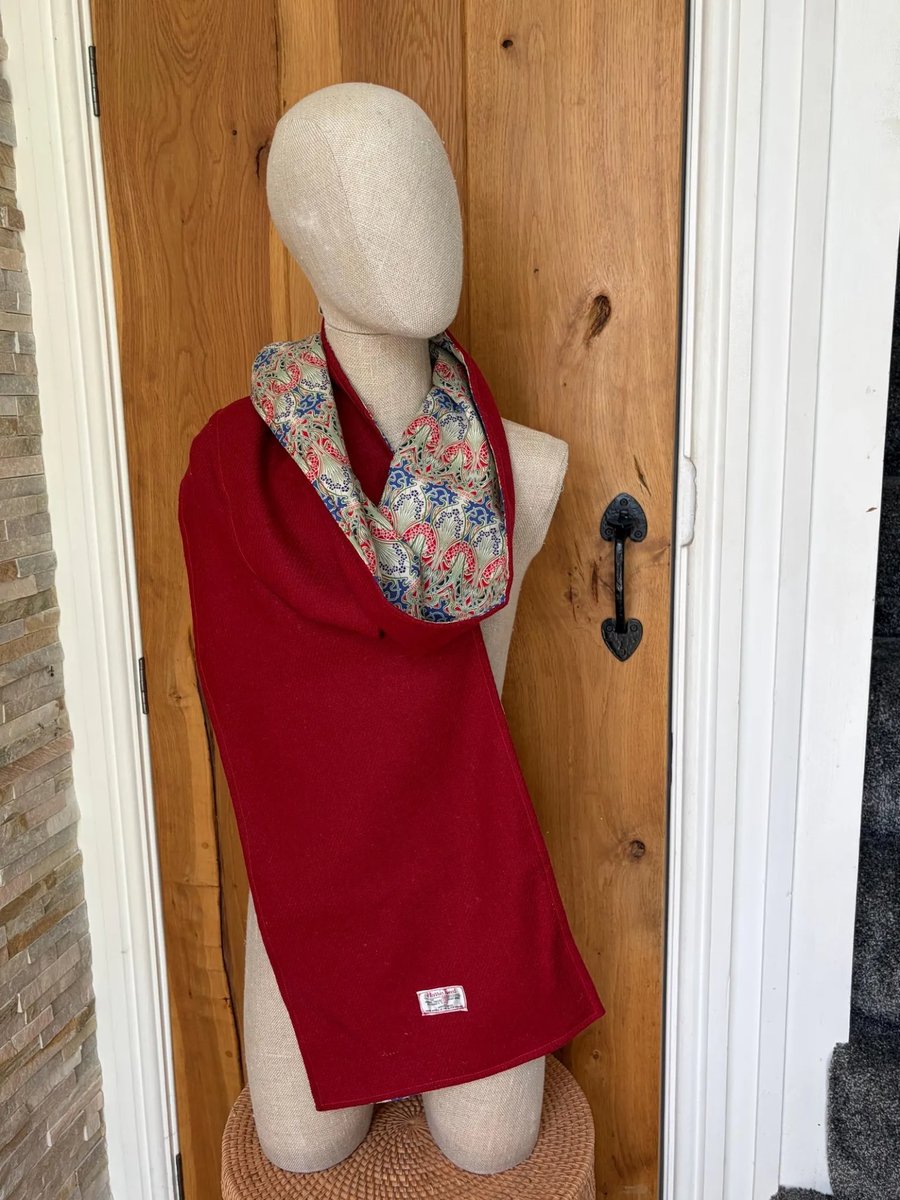 Harris Tweed Plain Red Scarf Lined Liberty Fabric, 200 cm length by 29 cm width