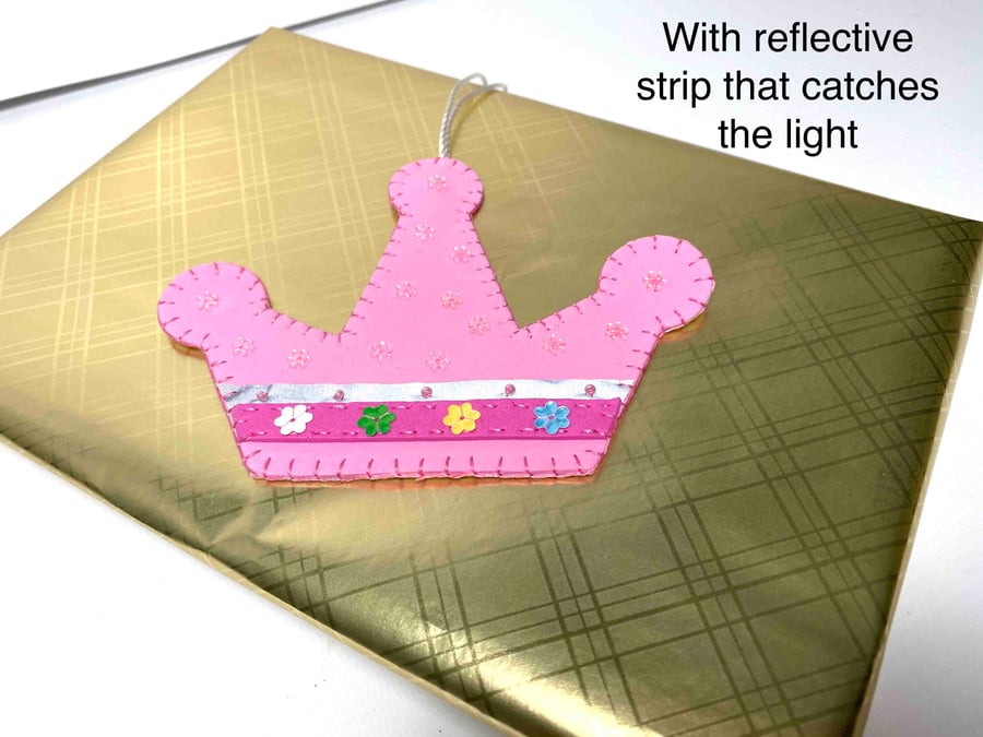 Free P&P.  Gift tag: princess crown with reflective sparkle strip