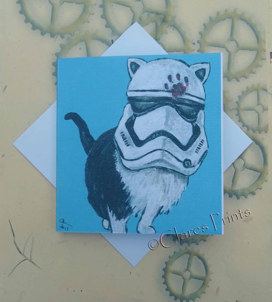 Stormtrooper Star Wars Cat Art Greeting Card From my Original Painting
