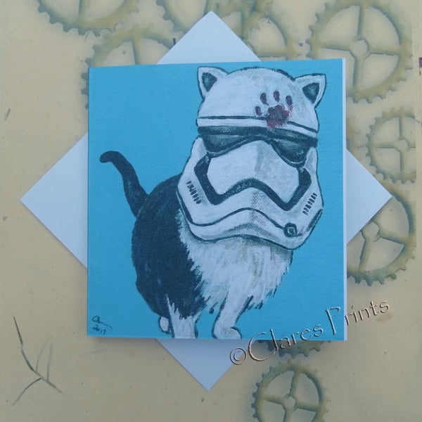 Stormtrooper Star Wars Cat Art Greeting Card From my Original Painting