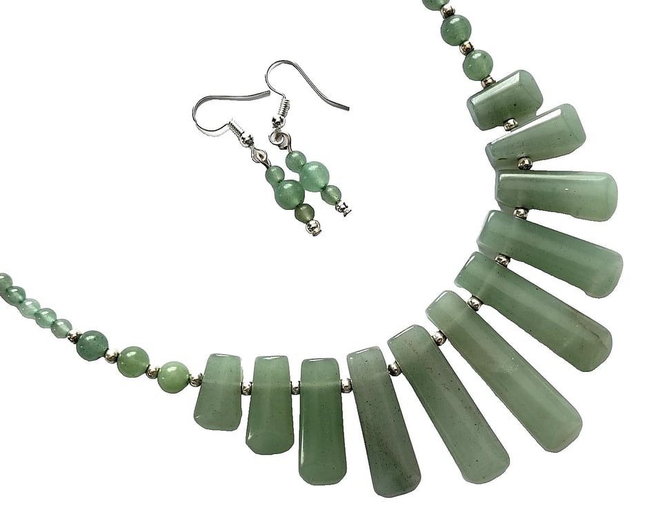 Green Aventurine Necklace & Earrings Gift Set Gemstone Tapered Statement
