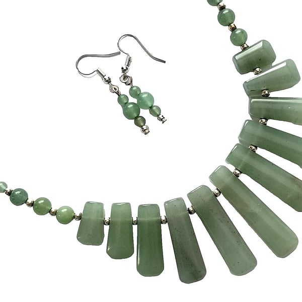 Green Aventurine Necklace & Earrings Gift Set Gemstone Tapered Statement