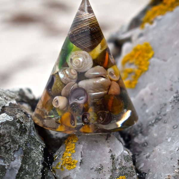 Beach cones, using beach treasures from Shetland.